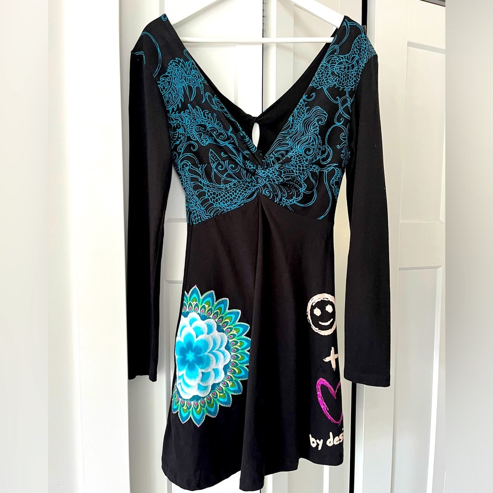 Desigual V-neck Black Dress with Blue, White, Pink Floral Graphic Medium
